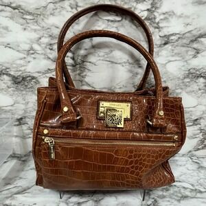 Anne Klein Handbag Women's M Brown Faux Leather Croc Embossed Shoulder Bag Purse
